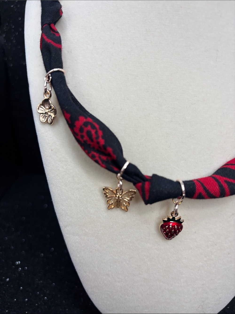 Braided Bandana Charm Necklace | Strawberry, Butterfly & Heart Lock Charms - Picture 4 of 8